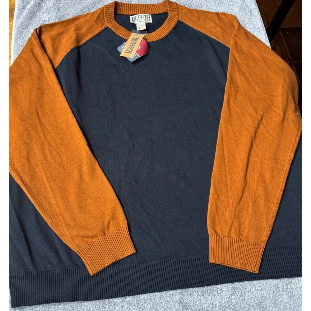Duluth Trading Co Mens Rocket Science Baseball Crew Sweater Navy Orange 3XL
